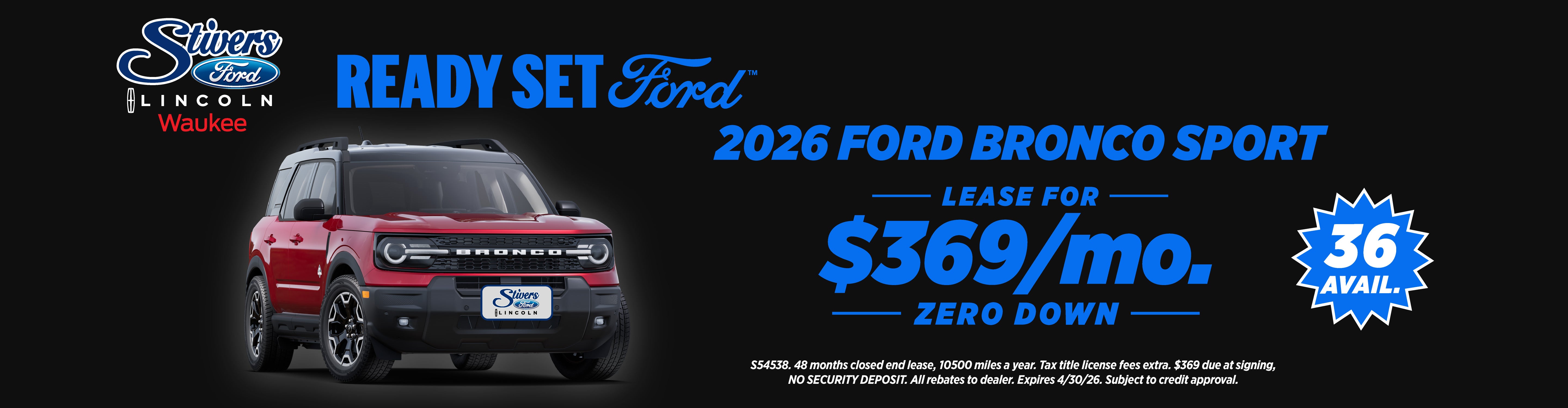 2026 Bronco Sport lease $369/mo zero down