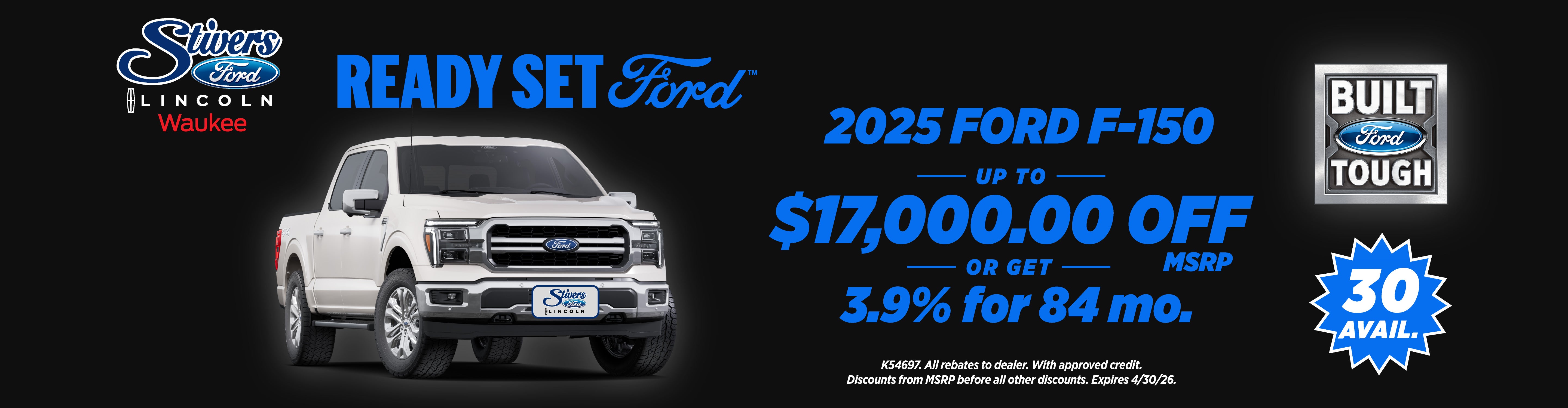 2025 Ford F-150 save up to $17,000 or 3.9% APR
