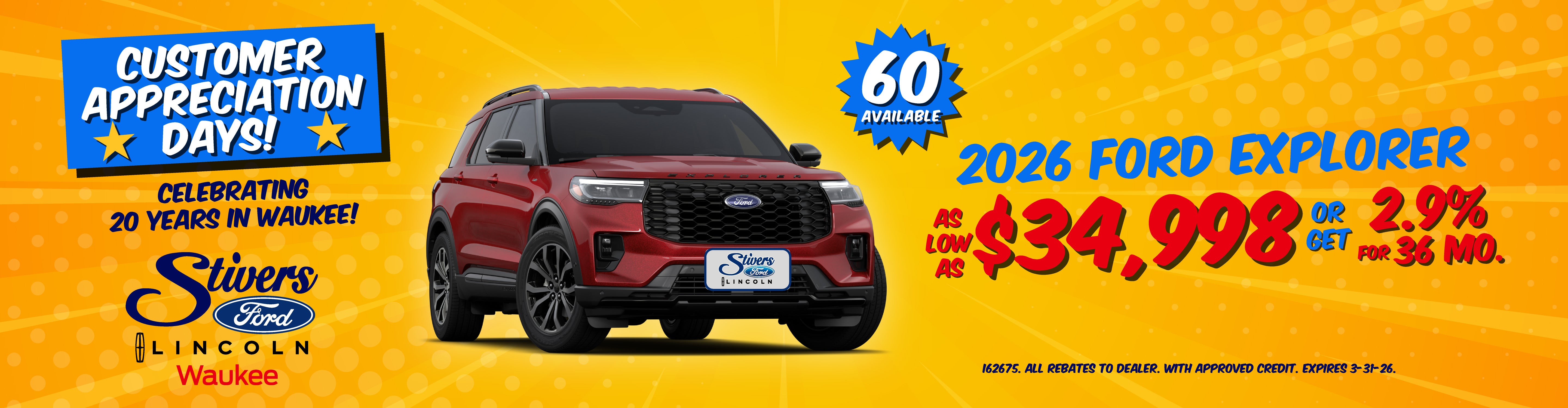 2026 Ford Explorer from $34,998 or 2.9%