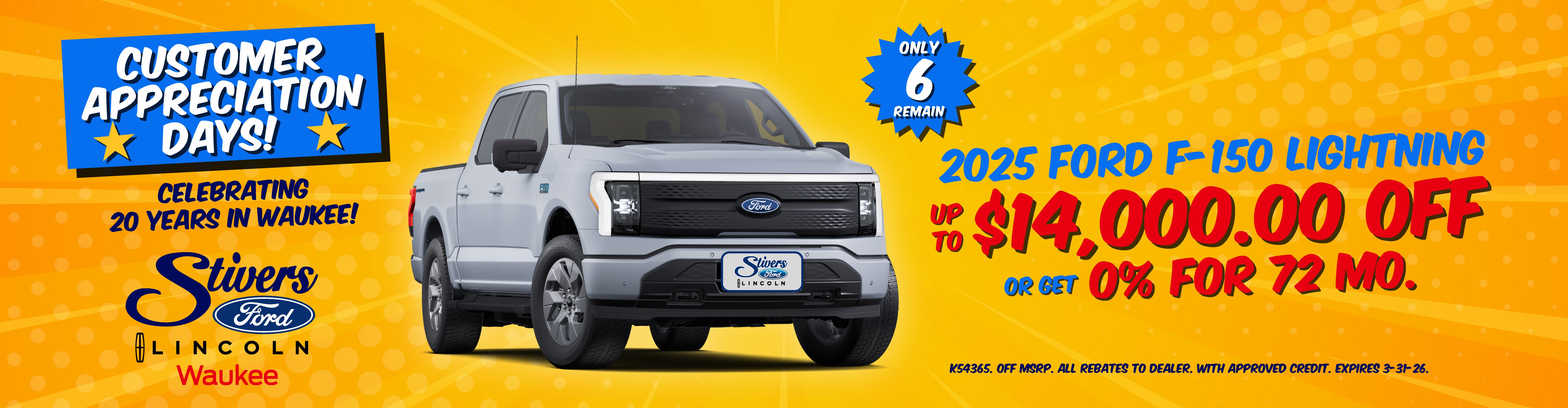 2025 F-150 Lightning up to $14,000 off or 0%