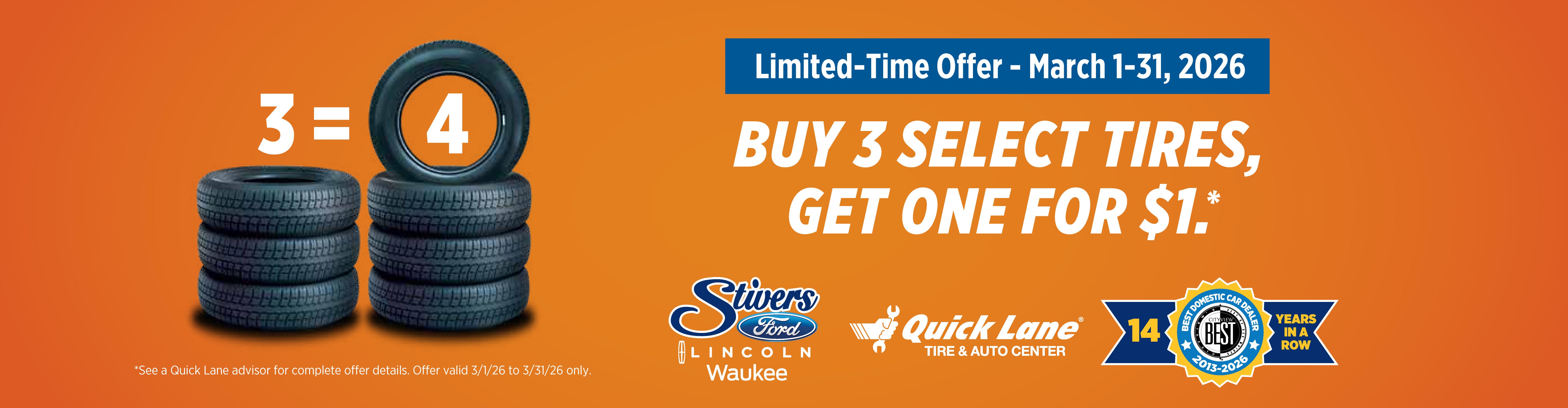 Limited Time: Buy 3 select tires, get one for $1